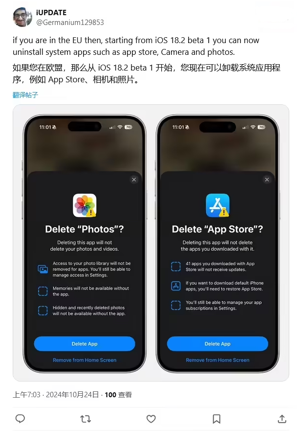 崖城镇苹果手机维修分享iOS 18.2 支持删除 App Store 应用商店 