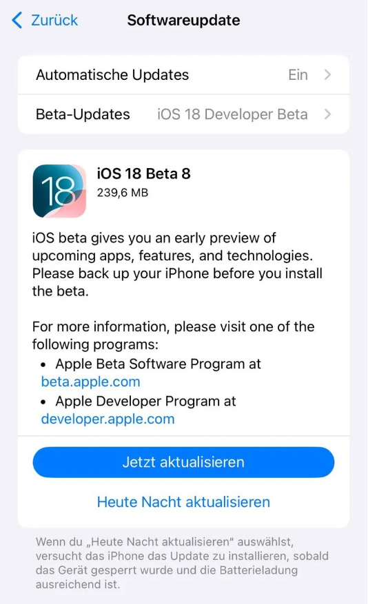 崖城镇苹果手机维修分享苹果 iOS / iPadOS 18 开发者预览版 Beta 8 发布 